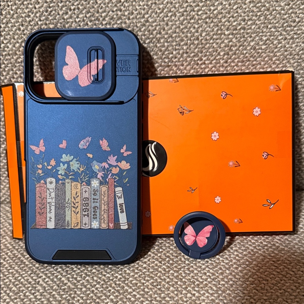 iPhone 16 Blue Butterfly and Books Phone Case and ring